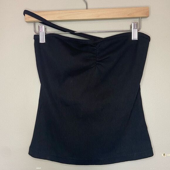 Agolde Black Ribbed Lola Gathered Front Tank Top Size Medium - Picture 2 of 6